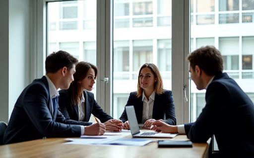 A professional team discussing business strategy in a bright office environment.