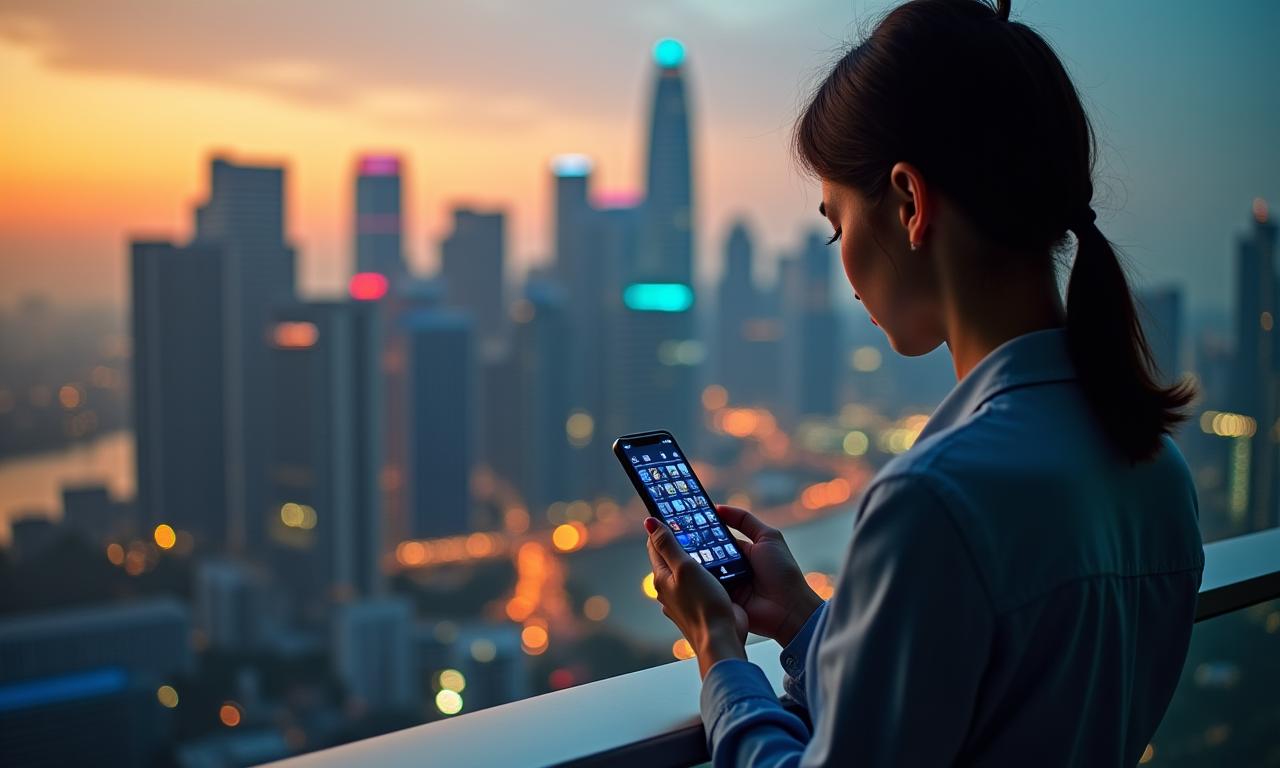 A person using a smartphone with the modern Singapore skyline in the background.